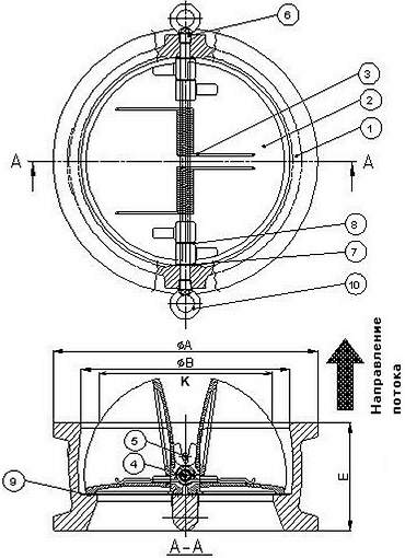 Чертеж Обратный клапан ABRA-D-122-EN Ду65 Ру16 двустворчатый межфланцевый