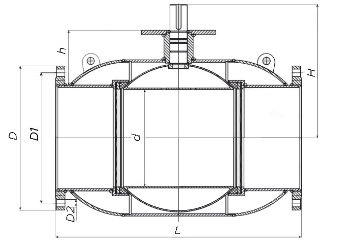 Эскиз размеров крана шарового Also КШ.Ф.П.Р.100.16-01 Ду100 Ру16 полнопроходной, фланцевый
