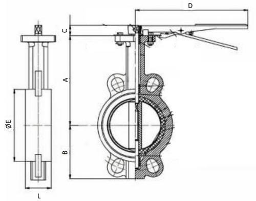 Затвор дисковый поворотный Benarmo Ду250 Ру10/16 чугунный диск и корпус, межфланцевый, уплотнение - EPDM, с рукояткой
