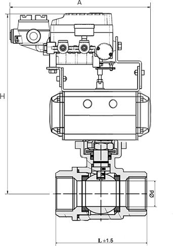 Кран шаровый DN.RU КШМП.316.230-ISO Ду65 Ру63 SS316 нержавеющий, полнопроходной, муфтовый, с пневмоприводом DN.RU-SA-105 с возвратными пружинами, с электропневматическим поворотным позиционером DN.ru YT-1000RSN без обратной связи
