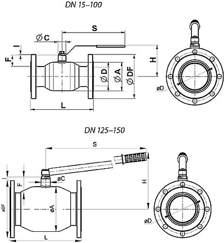 Краны шаровые Ридан JiP-R Standard FF Ду50-125 Ру16 фланцевые, стандартнопроходные, корпус - сталь