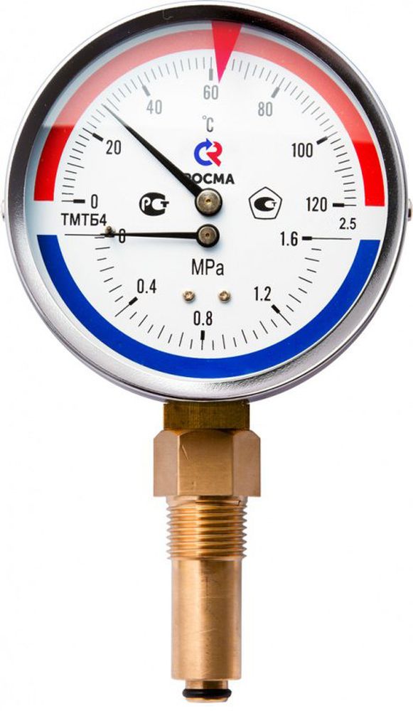Термоманометр Росма ТМТБ-41Р.1 (0-150С) (0-0,6MПa) G1/2 2,5, корпус 100мм, тип - ТМТБ-41Р.1, длина клапана 46мм,  до 150°С, радиальное присоединение, 0-0,6MПa, резьба G1/2, класс точности 2.5