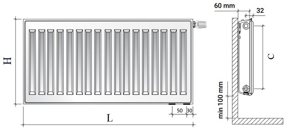 Радиатор панельный Royal Thermo VENTIL HYGIENE VH10 1992кВт настенный, высота - 600 мм, длина 2000 мм, количество панелей - 1, присоединение резьбовое - 1/2″, подключение - нижнее (левое-правое), гигиеническое исполнение, стальной, цвет - белый RAL-9016