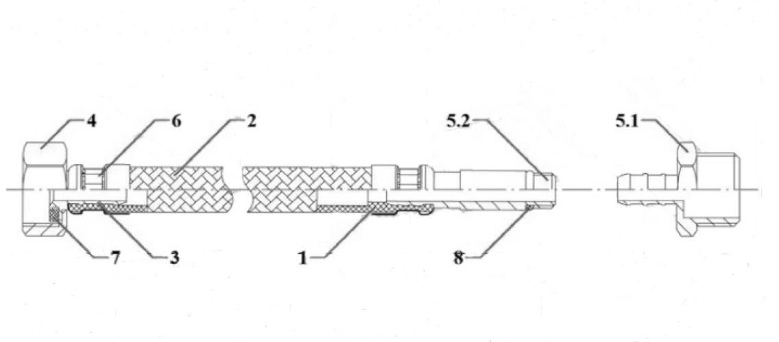 Гибкая подводка для воды AQUALINE Ру10 со стальной накидной гайкой 1/2″ и латунным штуцером с резьбой 1/2″, корпус - нержавеющая оплетка, длина — 2.5м, гайка-штуцер, резьба внутренняя-наружная