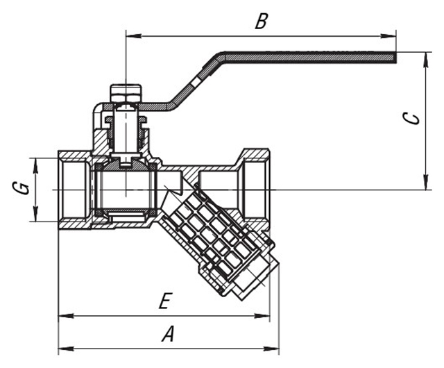 Кран шаровой AQUALINK 1″ Ду25 Ру35 с косым фильтром стандартнопроходной муфтовый со сгоном, латунный, внутренняя/внутренняя резьба, управление ручка-рычаг
