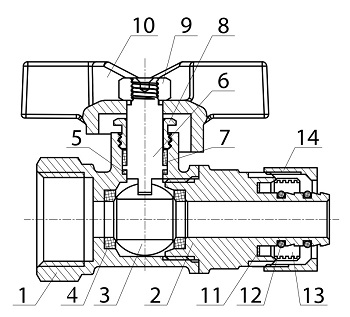 Эскиз Кран шаровой 1018 Aquasfera 3/4″ Ду20 Ру16 стандартнопроходной, никелированный, компресс/компресс, ручка-бабочка (1018-03)