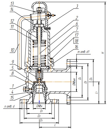 Клапан предохранительный Арма-Пром 17с28нж Ду80x100 Ру16 полноподъемный пружинный угловой, корпус - сталь, тип присоединения - фланцевое, с настройкой диапазона давления 3.5-7 Мпа