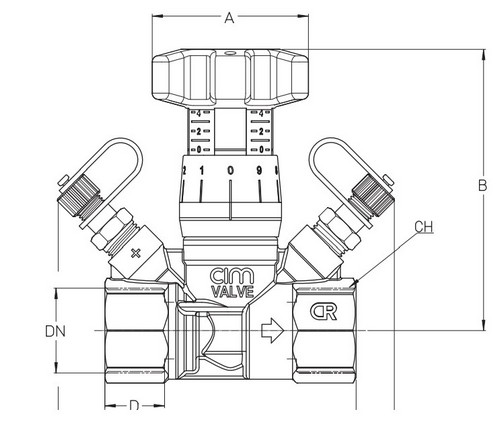 Клапан балансировочный Cimberio 787R 1/2″ Ду15 Ру25 ручной Kvs=1,75 внутренняя резьба, нейлоновые заглушки,  корпус - латунь CR 