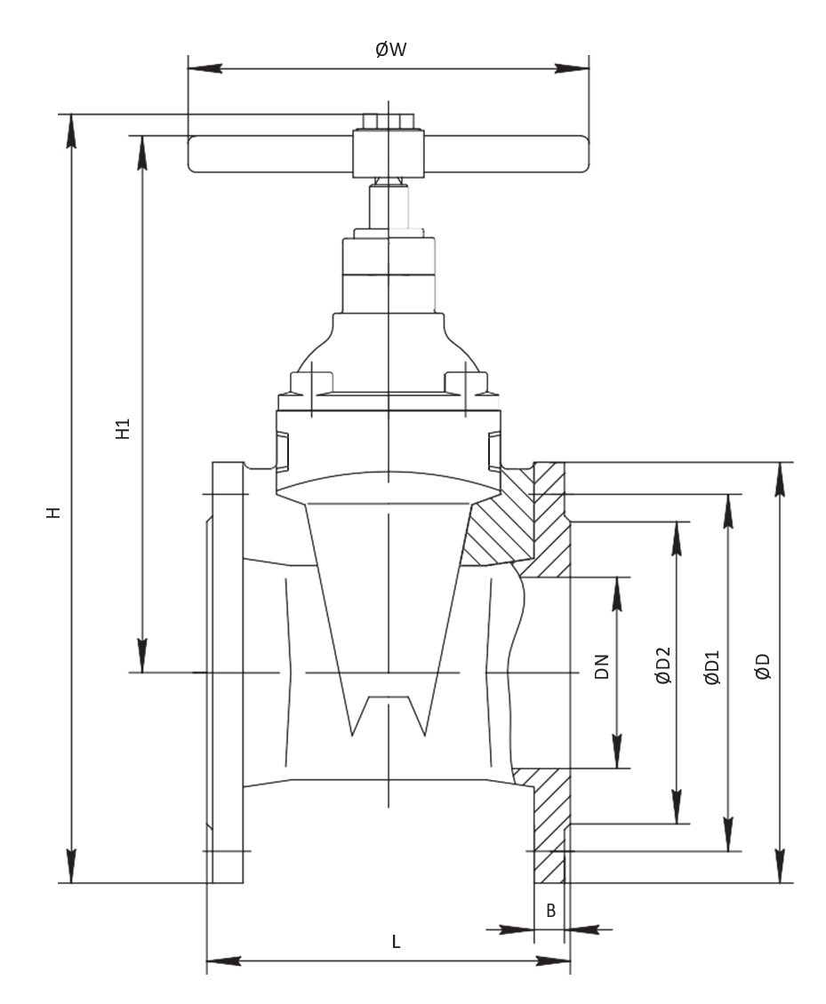 Задвижка клиновая Dendor 47GV.111121.3021.21.40000 Ду65 Ру16 с обрезиненным клином, чугунная, уплотнение - EPDM, фланцевая, со штурвалом и механическим указателем положения