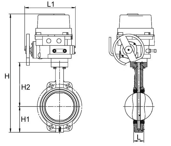 Затвор дисковый поворотный Dendor 017W Ду125 Ру10/16 межфланцевый, корпус - чугун, диск - чугун, уплотнение - EPDM,с электроприводом неполнооборотным QT 220В