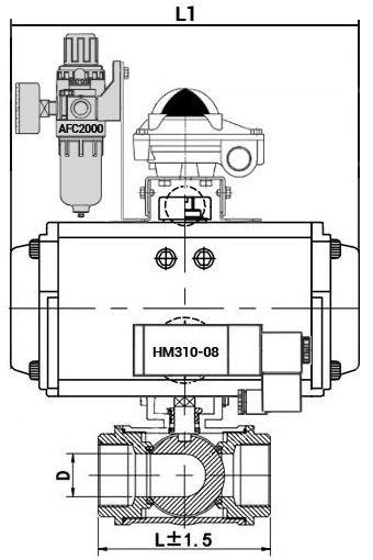 Кран шаровой нержавеющий 3-ходовой L-тип стандартнопроходной DN.ru RP.SS316.200.MM.080-ISO Ду80 Ру63 SS316 муфтовый с ISO фланцем, пневмоприводом DA-083, пневмораспределителем 4M310-08 220 В, БКВ APL-210N и БПВ AFC2000