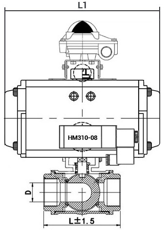Кран шаровой нержавеющий 3-ходовой L-тип стандартнопроходной DN.ru RP.SS316.200.MM.020-ISO Ду20 Ру63 SS316 муфтовый, пневмоприводом DA-052, пневмораспределителем 4M310-08 220В и блоком концевых выключателей APL-210N