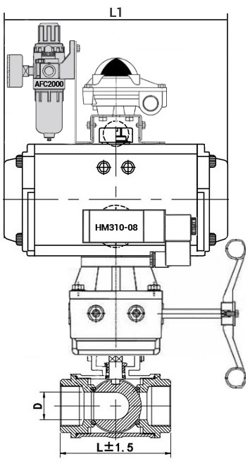 Кран шаровой нержавеющий 3-ходовой T-тип стандартнопроходной DN.ru RP.SS316.200.MM.025-ISO Ду25 Ру63 SS316 муфтовый с ISO фланцем, пневмоприводом DA-052, пневмораспределителем 4M310-08 220 В, БКВ APL-210N, ручным дублером HDM-1 и БПВ AFC2000