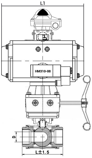 Кран шаровой нержавеющий 3-ходовой T-тип стандартнопроходной DN.ru RP.SS316.200.MM.065-ISO Ду65 Ру63 SS316 муфтовый, пневмоприводом SA-105, пневмораспределителем 4M310-08 24В, БКВ APL-210N и ручным дублером HDM-3