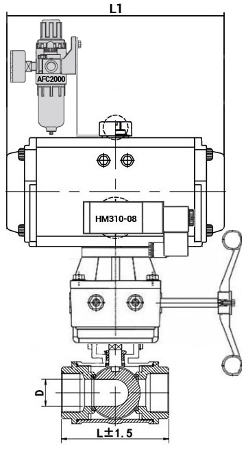 Кран шаровой нержавеющий 3-ходовой T-тип стандартнопроходной DN.ru RP.SS316.200.MM.010-ISO Ду10 Ру63 SS316 муфтовый с ISO фланцем, пневмоприводом DA-052, пневмораспределителем 4M310-08 24 В, ручным дублером HDM-1 и БПВ AFC2000