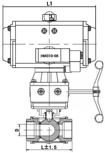 Кран шаровой нержавеющий 3-ходовой T-тип стандартнопроходной DN.ru RP.SS316.200.MM.020-ISO Ду20 Ру63 SS316 муфтовый, пневмоприводом SA-065, пневмораспределителем 4M310-08 24В и ручным дублером HDM-1