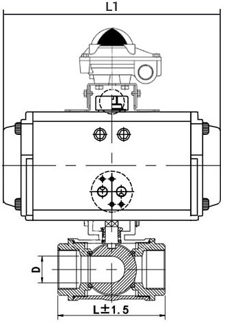Кран шаровой нержавеющий 3-ходовой T-тип стандартнопроходной DN.ru RP.SS316.200.MM.032-ISO Ду32 Ру63 SS316 муфтовый, пневмоприводом DN.ru SA-065 и блоком концевых выключателей APL-210N