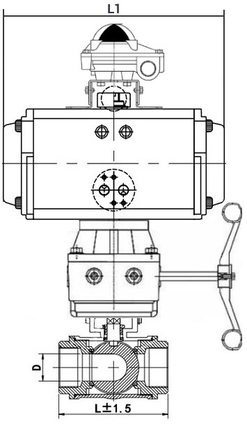 Кран шаровой нержавеющий 3-ходовой L-тип стандартнопроходной DN.ru RP.SS316.200.MM.010-ISO Ду10 Ру63 SS316 муфтовый, пневмоприводом DA-065, БКВ APL-210N и ручным дублером HDM-1