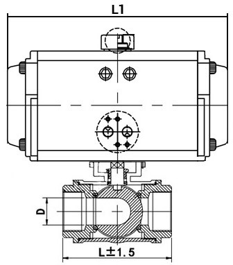 Кран шаровой нержавеющий 3-ходовой T-тип стандартнопроходной DN.ru RP.SS316.200.MM.100-ISO Ду100 Ру63 SS316 муфтовый c пневмоприводом DN.ru DA-083 двойного действия