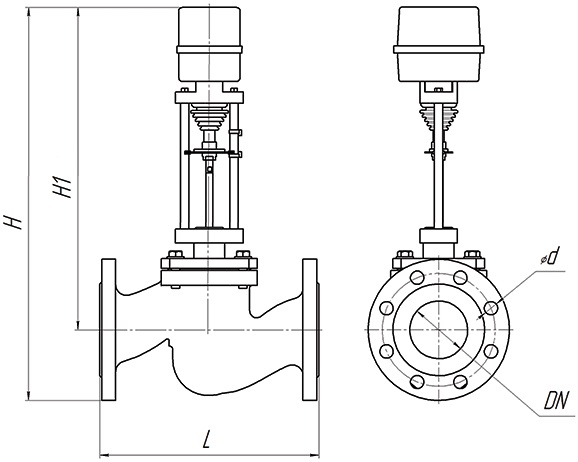 Клапан регулирующий двухходовой КПСР серии 100 Ду80 Ру16 Kvs40, серый чугун СЧ20, фланцевый, Tmax до 150°С с электроприводом  DAV 2500 - 220B