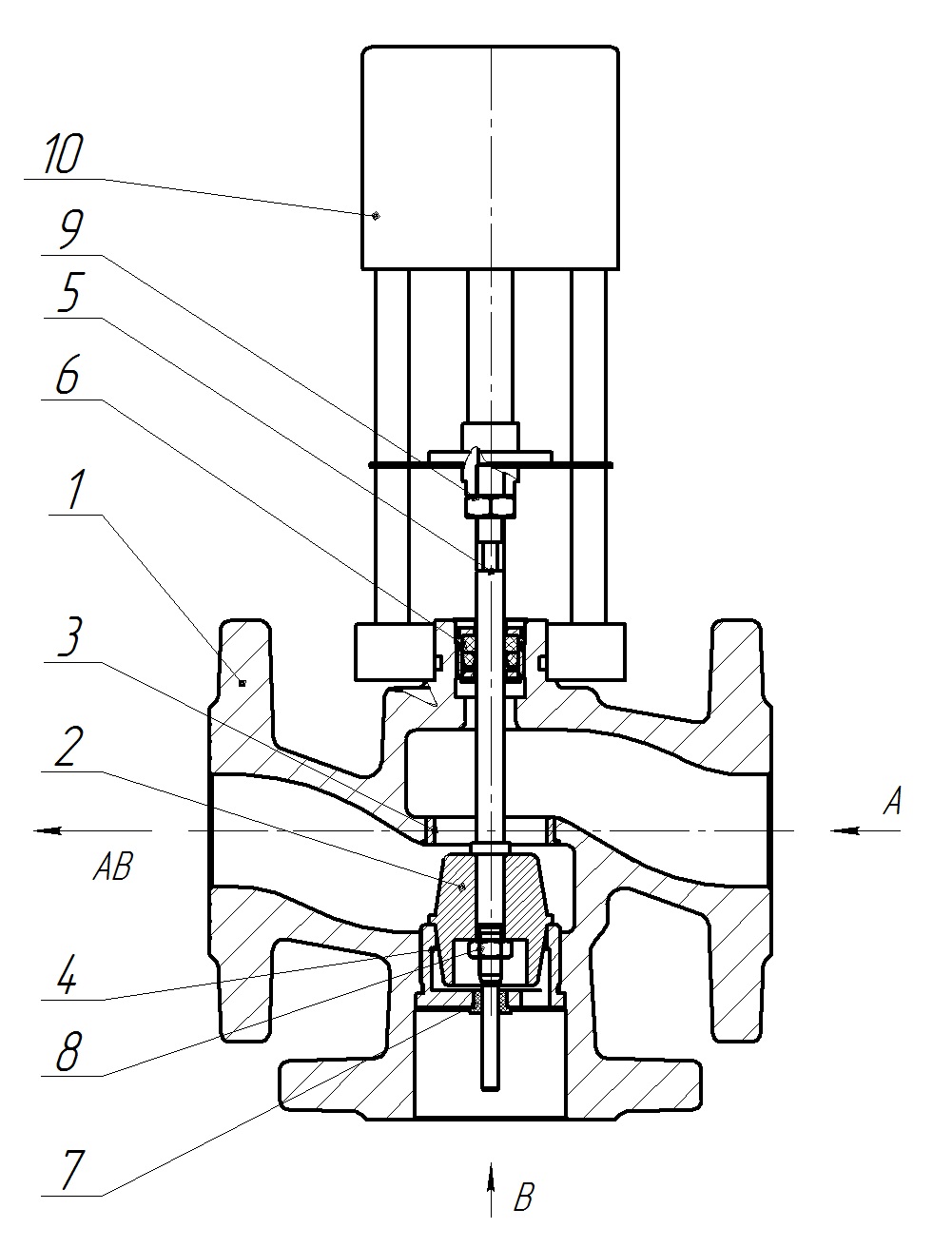 Клапан регулирующий трехходовой разделительный DN.ru 23ч901нж Ду20 Ру16 Kvs4 серый чугун СЧ20, фланцевый, Tmax до 150°С с электроприводом Катрабел TW-500-XD220