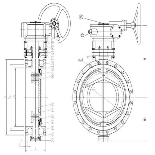 Затвор дисковый поворотный эксцентрический KVANT Ду250 Ру25 3-х эксцентриковый, фланцевый, корпус - угл. сталь, диск - угл. сталь, уплотнение - нерж.сталь+графит