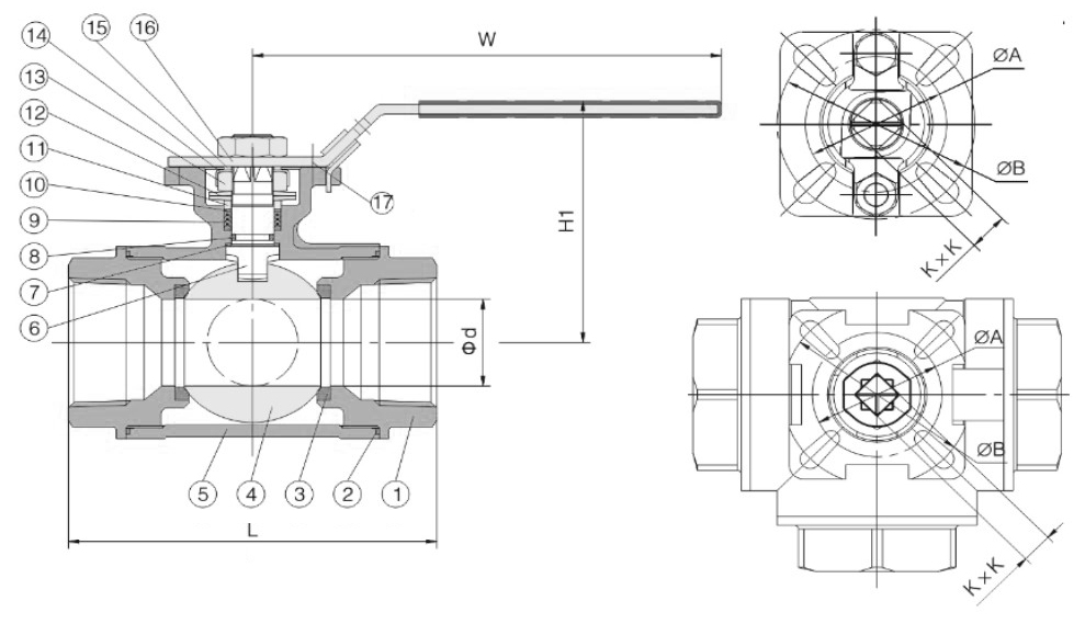 Кран шаровой NewKey NK-BTt/4 3/8″ Ду10 Ру64 T-тип, стандартнопроходной, трехходовой, внутренняя резьба, корпус – нержавеющая сталь AISI304 (CF8)