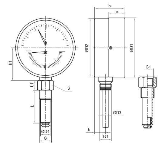 Термоманометр Росма ТМТБ-41Р.2 (0-150С) (0-1,6MПa) G1/2 2,5, корпус 100мм, тип - ТМТБ-41Р.2, длина клапана 64мм,  до 150°С, радиальное присоединение, 0-1,6MПa, резьба G1/2, класс точности 2.5