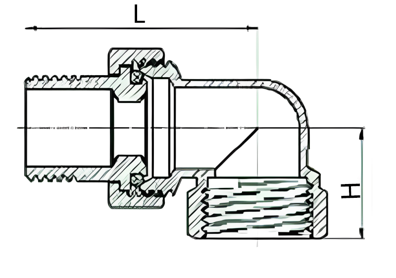 Соединитель SANTECHSYSTEMS 1/2″ Ду15 угловой разъемное соединение американка внутренняя-наружная резьба, уплотнение - круглая прокладка O-ring, корпус – латунь, покрытие-никель