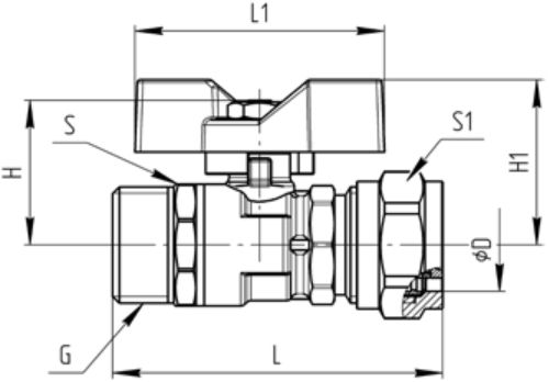 Кран шаровой STI Дн16x1/2″ Ру16 стандартнопроходной, присоединение - компрессионное / наружная резьба, ручка-бабочка, корпус - латунь, покрытие - никель