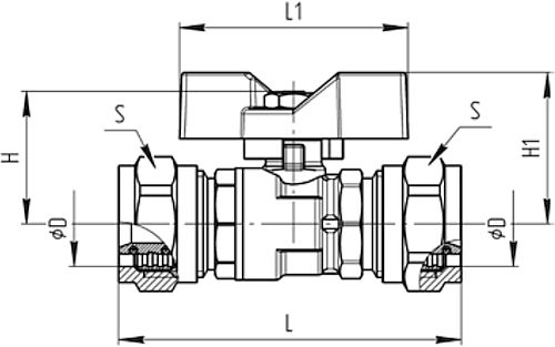 Кран шаровой STI Дн16x16 Ру16 стандартнопроходной, присоединение - компрессионное / компрессионное, ручка-бабочка, корпус - латунь, покрытие - никель