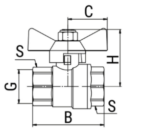 Эскиз Кран шаровой 11б27фт1М VALFEX 1/2″ Ду15 Ру40 полнопроходной, никелированный, внутренняя резьба, ручка-бабочка (VF.217.NB1.012)