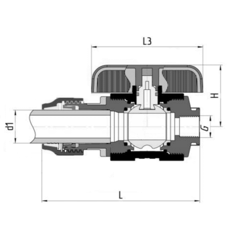 Кран шаровой Valfex компрессионный PP-R Дн25x1/2″ Ру16 полнопроходной цанга-внутренняя резьба, корпус - полипропилен